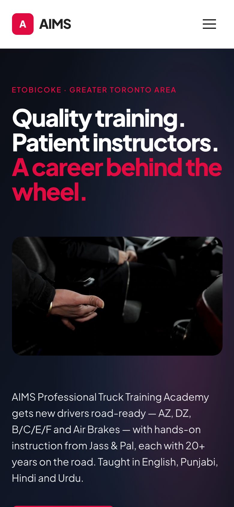 AIMS Truck Training website — mobile view
